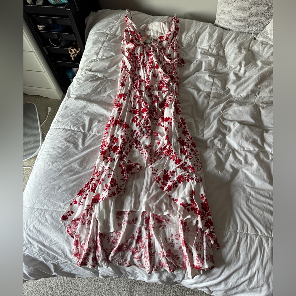 GB Dillard’s Red Floral Ruffle High-Low Wrap Dress XS NWT